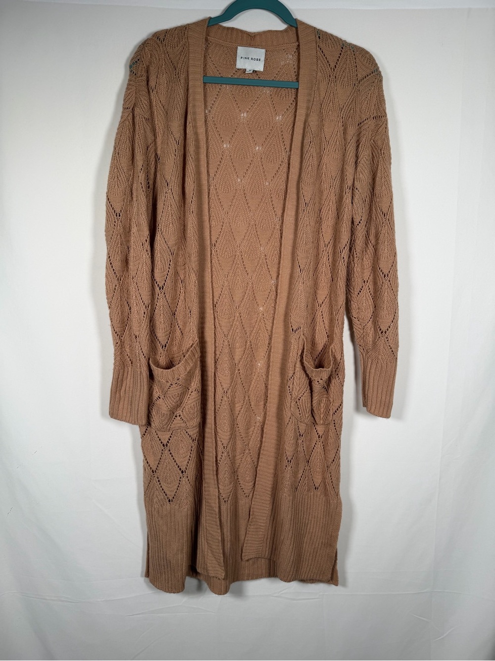 Fairy Feminine Open-Front Diamond Pointelle Duster Cardigan Earthy Light Brown